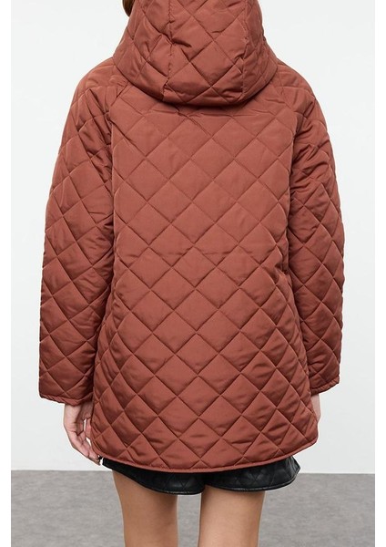 Kadın Moda Şık Regular Kapüşonlu Yaka Midi Düz Astarlı Kapüşonlu Su Itici Kapitone Mont