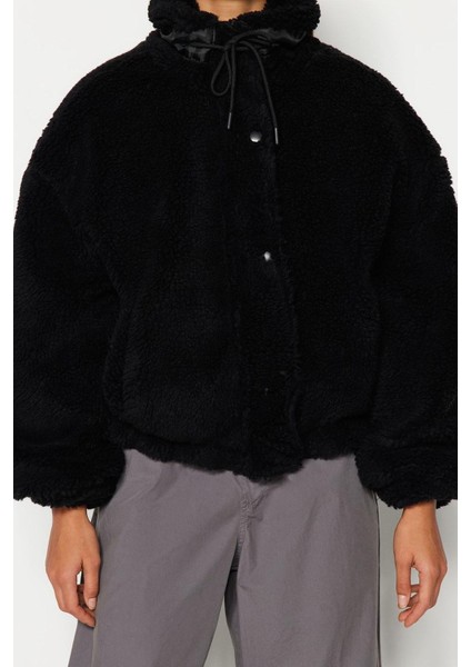 Kadın Moda Şık Oversize Dik Yaka Standart Düz Astarlı Oversize Peluş Mont