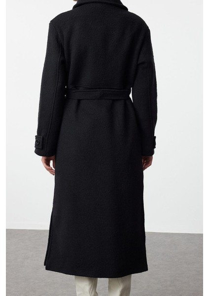 Kadın Moda Şık Oversize Ceket Yaka Uzun Düz Astarlı Yaka Detaylı Oversize Yünlü Kaban