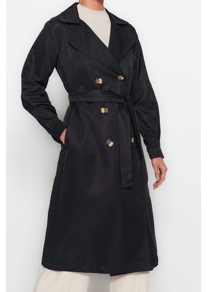 Kadın Moda Şık Oversize Ceket Yaka Uzun Düz Astarsız Kuşaklı Su Itici Uzun Trençkot