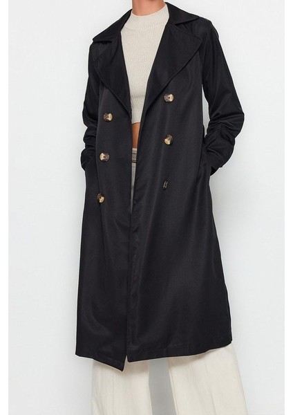 Kadın Moda Şık Oversize Ceket Yaka Uzun Düz Astarsız Kuşaklı Su Itici Uzun Trençkot