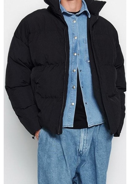 Moda Şık Bol Dik Yaka Standart Düz Astarlı Oversize Fit Dik Yaka Şişme Kışlık Mont
