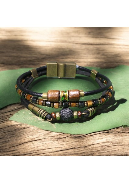 Siyah Lav Taşlı Ahşap ve Metal Boncuklu Bileklik - Metal Mıknatıs Kapama