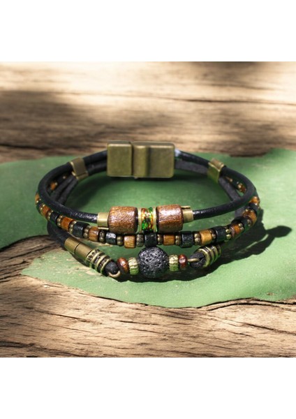 Siyah Lav Taşlı Ahşap ve Metal Boncuklu Bileklik - Metal Mıknatıs Kapama fiyatları