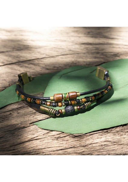 Siyah Lav Taşlı Ahşap ve Metal Boncuklu Bileklik - Metal Mıknatıs Kapama modelleri