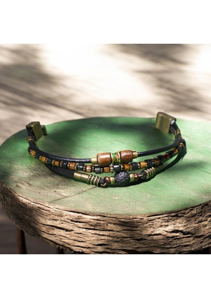 Siyah Lav Taşlı Ahşap ve Metal Boncuklu Bileklik - Metal Mıknatıs Kapama fırsatları