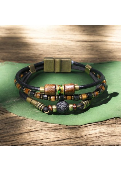 Siyah Lav Taşlı Ahşap ve Metal Boncuklu Bileklik - Metal Mıknatıs Kapama indirimleri