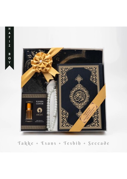 Takke + Esans + Tesbih + Seccade + Kuran Hediye Seti (Hafız Boy, Siyah)