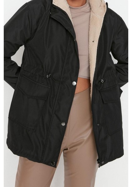 Tasarım Düz Astarlı Yaka Midi Regular Kapüşonlu Kadın Kapüşonlu Içi Kürklü Su Itici Parka Kaban