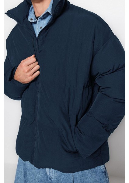 Tasarım Düz Astarlı Yaka Standart Bol Dik Unisex Oversize Fit Dik Yaka Şişme Kışlık Mont