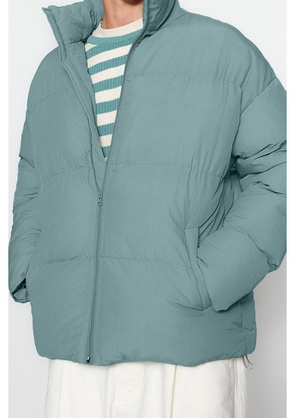 Tasarım Düz Astarlı Yaka Standart Bol Dik Unisex Oversize Fit Dik Yaka Şişme Kışlık Mont