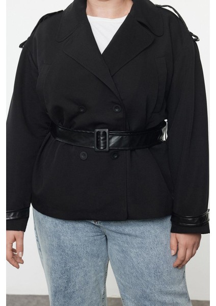 Büyük Beden Düz Astarlı Yaka Ceket Kadın Fit Deri Kemer Teknik Kumaş Trençkot fiyatları