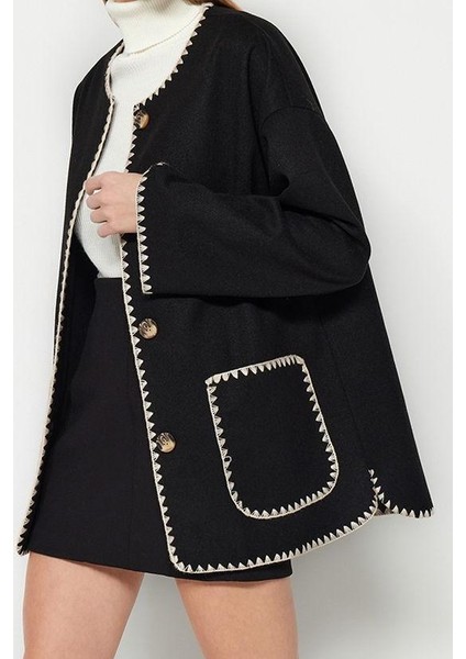 Tasarım Nakışlı Astarsız Yaka Standart Regular Bisiklet Kadın Nakış Detaylı Kaban