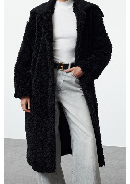 Tasarım Düz Astarlı Yaka Uzun Bol Ceket Kadın Siyah Oversize Peluş Kaban