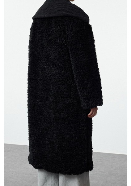 Tasarım Düz Astarlı Yaka Uzun Bol Ceket Kadın Siyah Oversize Peluş Kaban indirimleri