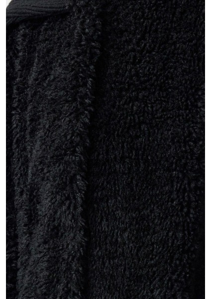 Tasarım Düz Astarlı Yaka Uzun Bol Ceket Kadın Siyah Oversize Peluş Kaban