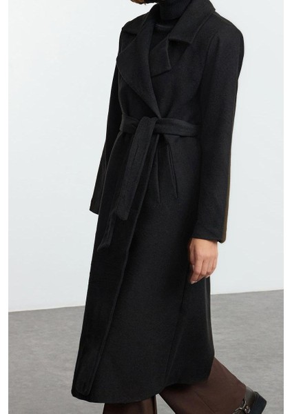 Tasarım Düz Astarlı Yaka Uzun Regular Ceket Kadın Kuşaklı Yünlü Uzun Pardösü Formlu Astarlı Kaban