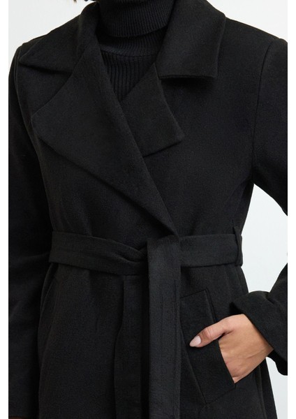 Tasarım Düz Astarlı Yaka Uzun Regular Ceket Kadın Kuşaklı Yünlü Uzun Pardösü Formlu Astarlı Kaban fiyatları
