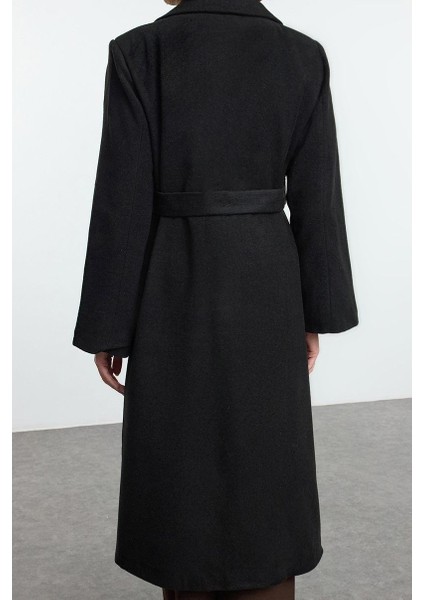 Tasarım Düz Astarlı Yaka Uzun Regular Ceket Kadın Kuşaklı Yünlü Uzun Pardösü Formlu Astarlı Kaban fırsatları