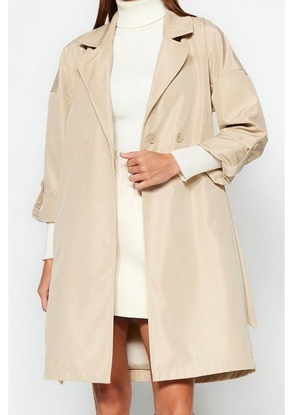 Tasarım Düz Astarlı Yaka Midi Oversize Ceket Kadın Oversize Kuşaklı Su Itici Uzun Trençkot