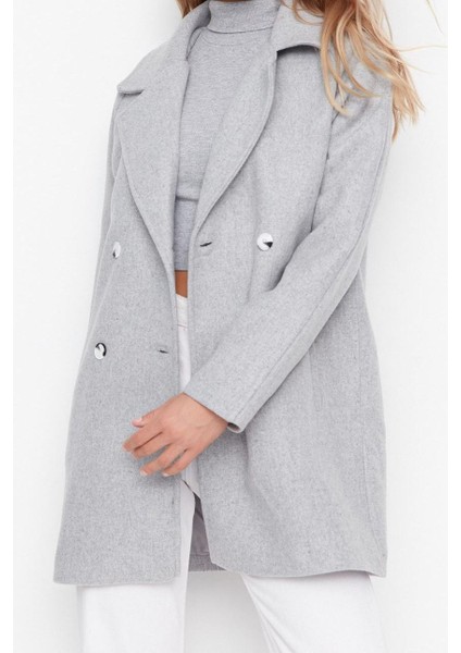 Tasarım Düz Astarlı Yaka Midi Regular Ceket Kadın Yünlü Kaşe Kaban