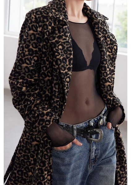 Tasarım Astarlı Yaka Uzun Regular Ceket Kadın Leopar Desenli Yünlü Uzun Kaban modelleri