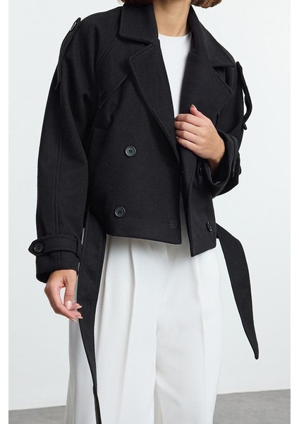 Tasarım Düz Astarlı Yaka Standart Regular Ceket Kadın Yumuşak Dokulu Mevsimlik Kısa Kaşe Kaban