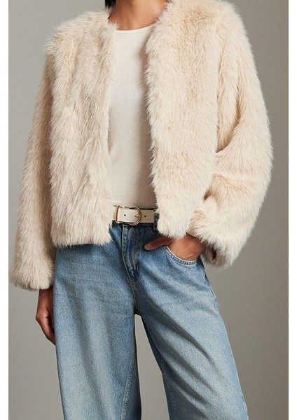 Tasarım Düz Astarlı Yaka Standart Bol Bisiklet Kadın Oversize Kürk Mont