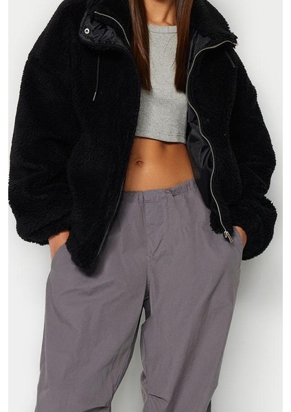 Tasarım Düz Astarlı Yaka Standart Oversize Dik Kadın Oversize Peluş Mont