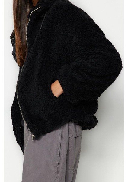 Tasarım Düz Astarlı Yaka Standart Oversize Dik Kadın Oversize Peluş Mont
