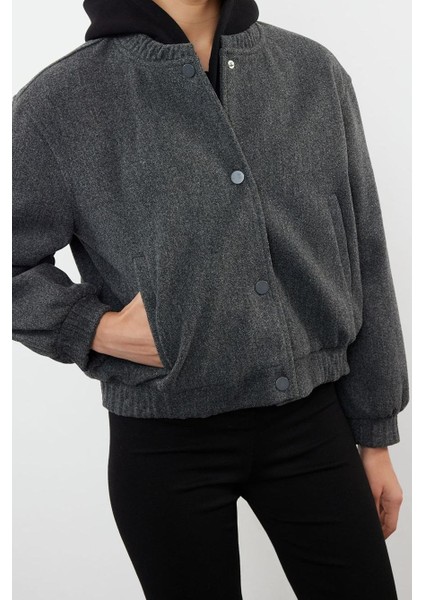 Tasarım Düz Astarlı Yaka Standart Hakim Kadın Kaşe Bomber Ceket Mont