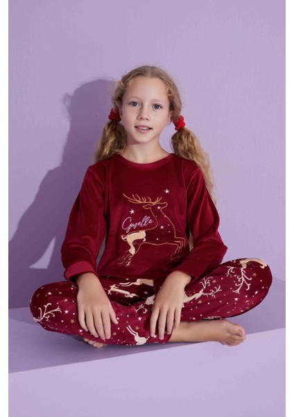 Yeni Sezon Trend Model Kadife Anne/kız Çocuk Pijama Takımı 2776-BORDO