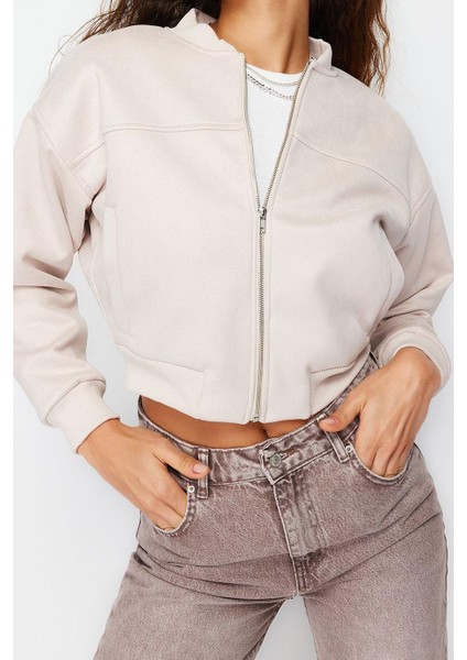 Tasarım Düz Astarlı Yaka Crop Bol Hakim Kadın Oversize Süet Bomber Ceket Mont