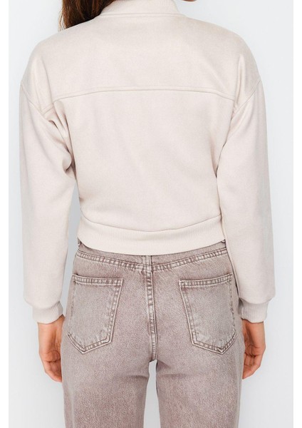 Tasarım Düz Astarlı Yaka Crop Bol Hakim Kadın Oversize Süet Bomber Ceket Mont indirimleri