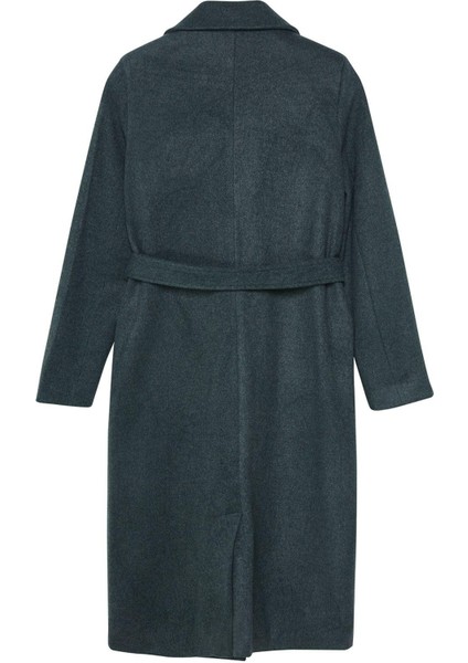 Tasarım Düz Astarlı Yaka Uzun Fitted Ceket Kadın Fitted Kuşaklı Gold Düğmeli Uzun Yünlü Kaşe Kaban fırsatları