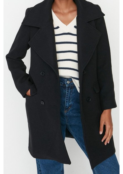 Tasarım Düz Astarlı Yaka Midi Regular Ceket Kadın Regular Düğme Kapamalı Kaşe Kaban