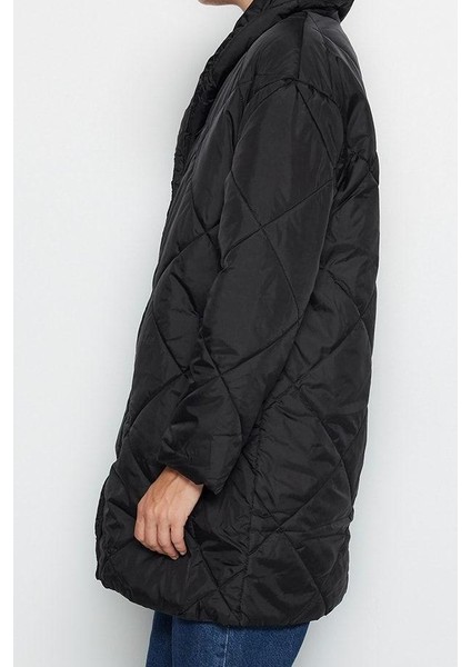 Tasarım Düz Astarlı Yaka Midi Oversize Ceket Kadın Oversize Kapitone Şişme Mont
