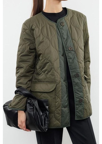 Tasarım Renkli Astarlı Yaka Midi Regular Bisiklet Kadın Oversize Su Itici Kapitone Mont