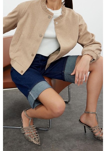 Tasarım Düz Astarlı Yaka Standart Regular Hakim Kadın Kaşe Bomber Ceket Mont