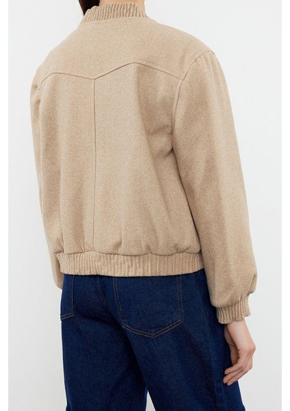 Tasarım Düz Astarlı Yaka Standart Regular Hakim Kadın Kaşe Bomber Ceket Mont fiyatları