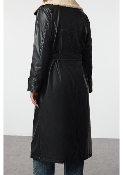 Tasarım Düz Astarlı Yaka Uzun Oversize Ceket Kadın Oversize Peluş Yaka Detaylı Suni Deri Trençkot fırsatları