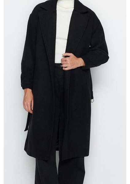 Tasarım Düz Astarlı Yaka Uzun Regular Ceket Kadın Toka Detaylı Kuşaklı Regular Kaban fiyatları