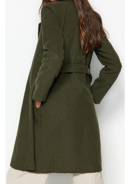 Kadın Moda Şık Regular Ceket Yaka Uzun Düz Astarlı Kuşaklı Uzun Yünlü Kaşe Kaban
