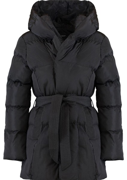 Kadın Moda Şık Regular Kapüşonlu Yaka Midi Düz Astarlı Regular Kuşaklı Su Itici Şişme Mont