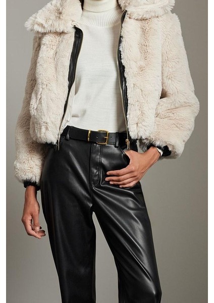 Tasarım Düz Astarlı Yaka Standart Bol Gömlek Kadın Suni Deri Detaylı Kürk Bomber Mont