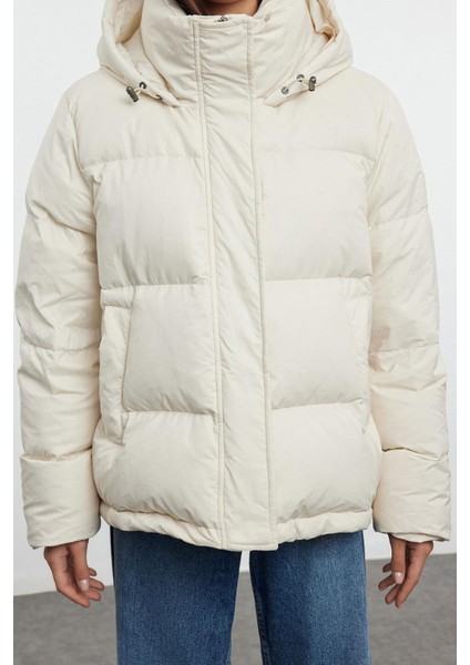 Tasarım Düz Astarlı Yaka Standart Oversize Kapüşonlu Kadın Kapüşonlu Kaz Tüylü Su Iticili Şişme Mont