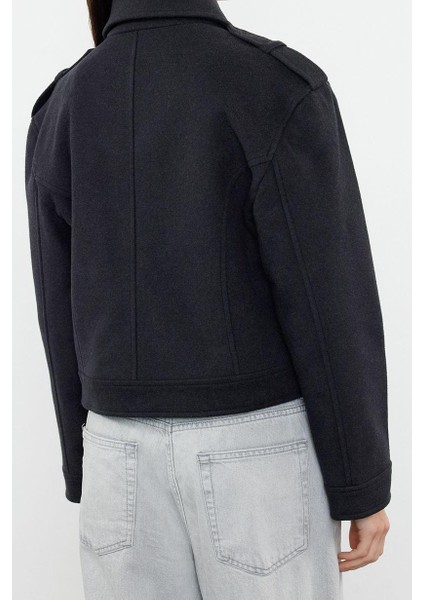 Tasarım Düz Astarlı Yaka Standart Ceket Kadın Örme Kaşe Crop Biker Ince Ceket Mont