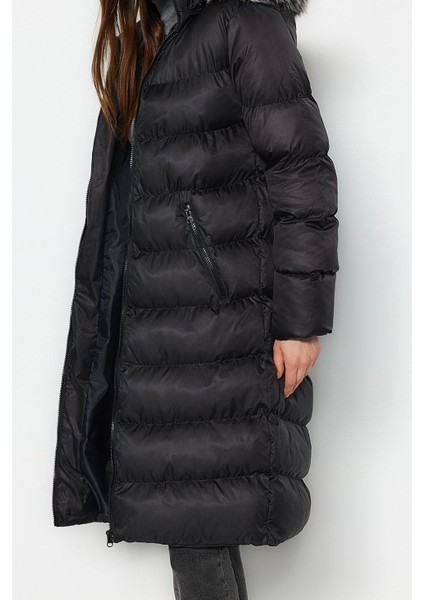 Kadın Moda Şık Regular Kapüşonlu Yaka Uzun Düz Astarlı Kürk Kapüşonlu Su Itici Kışlık Şişme Mont