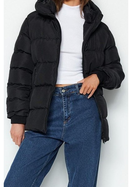 Kadın Moda Şık Regular Kapüşonlu Yaka Midi Düz Astarlı Kapüşonlu Su Geçirmez Şişme Mont