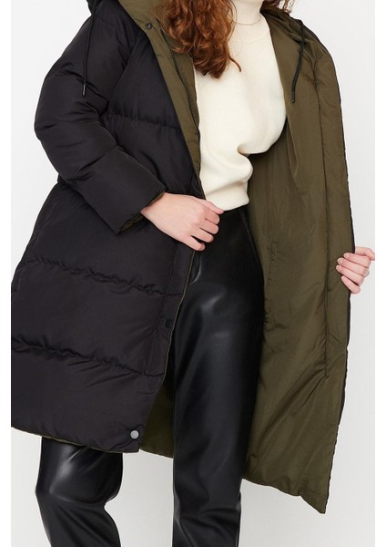 Kadın Moda Şık Regular Kapüşonlu Yaka Uzun Düz Çift Taraflı Kapüşonlu Su Itici Şişme Anorak Mont fiyatları